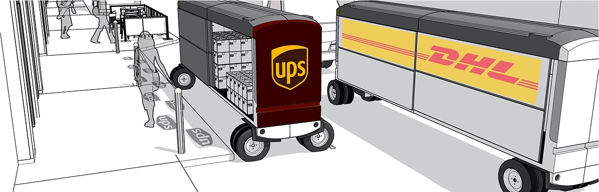sketch of delivery trucks with DHL and UPS logos